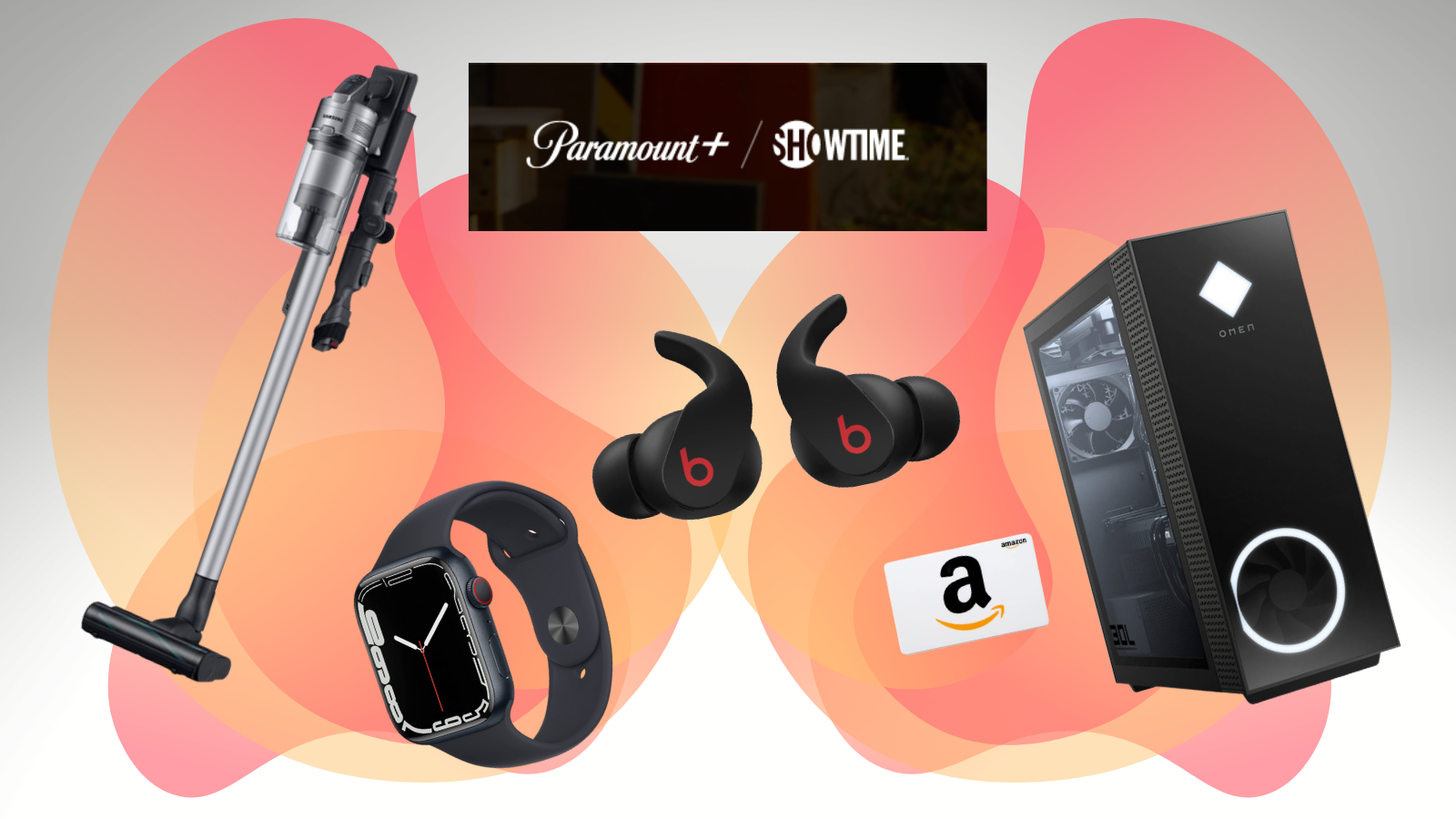 samsung vacuum, apple watch, beats earbuds, amazon gift card, hp computer tower, and paramount and showtime logos against a colored background