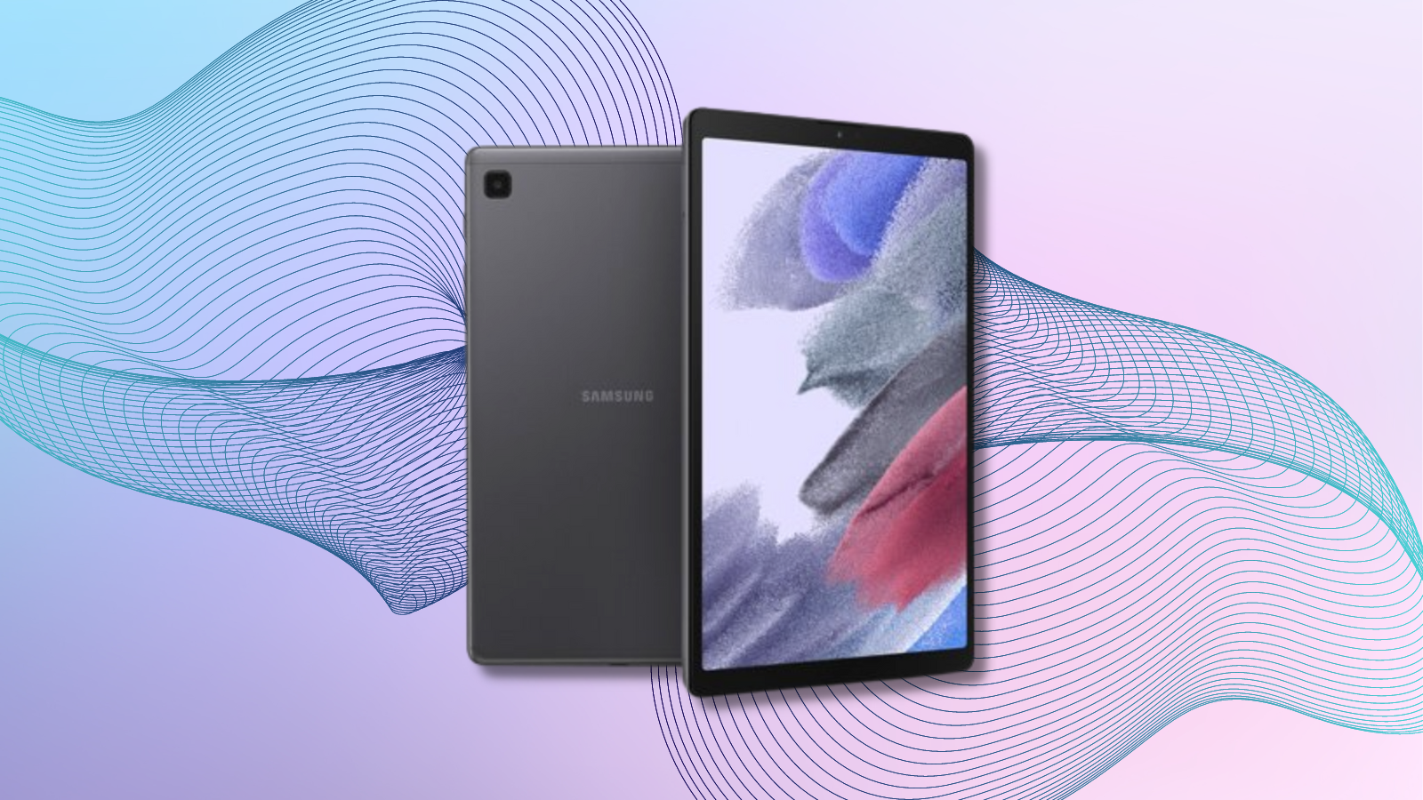 samsung galaxy tab a7 lite from two different angles with a blue and pink background