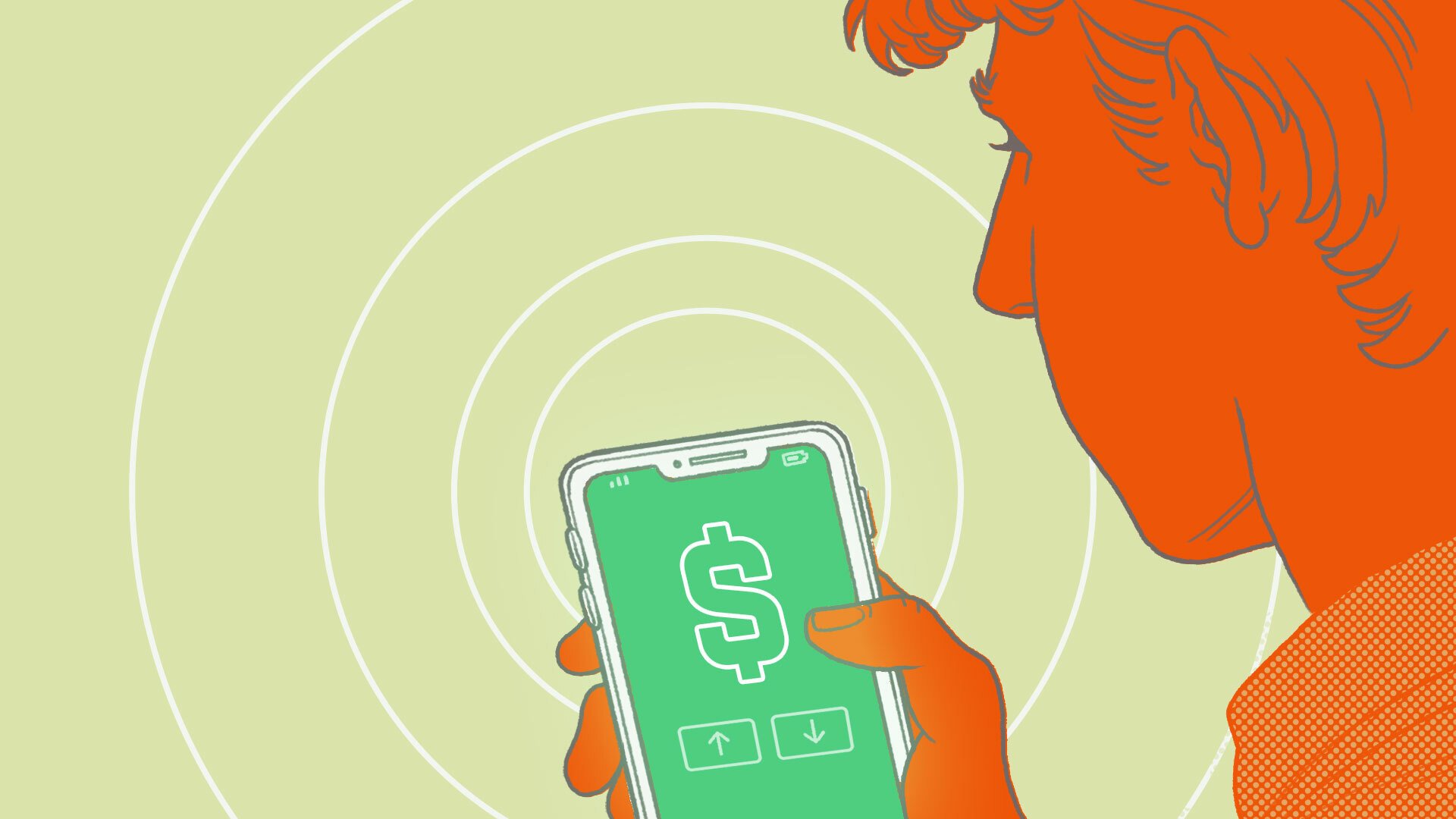 An illustration of a man holding a phone. On the screen is a big green dollar sign.