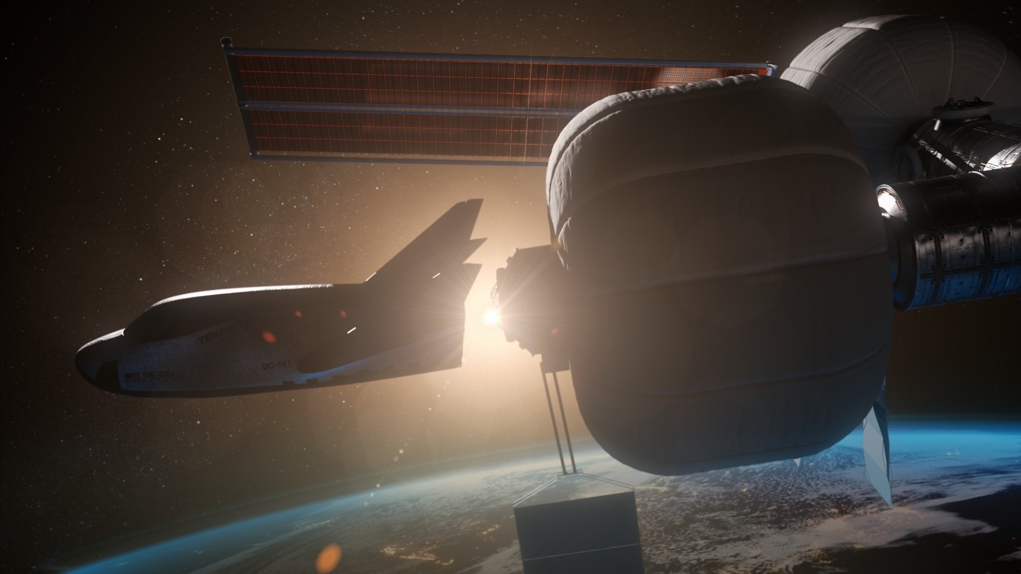 the spacecraft Dream Chaser docking with a space habitat