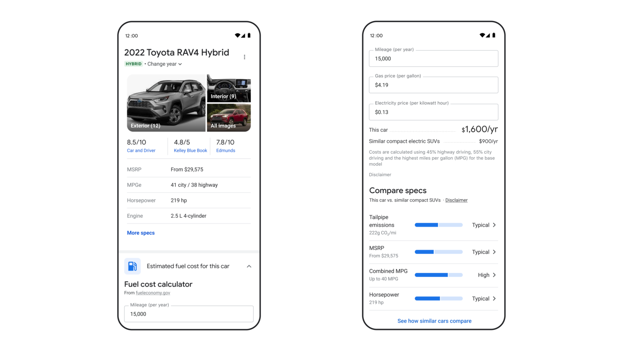 Two phone screens side by side. The one on the left shows a search for a Toyota vehicle with a "fuel cost calculator" below it. The one on the right shows additional information like tailgate emissions, electric vehicle comparisons, and average miles per gallon.