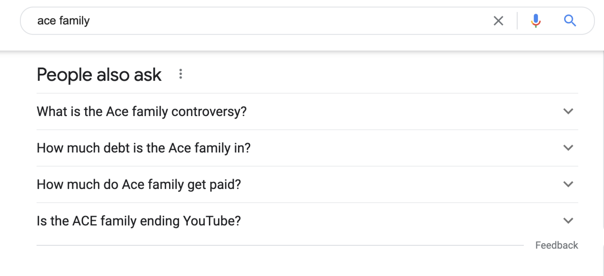A screenshot of the Google search results page for the ACE family, which includes a snippet asking "What is the ACE Family controversy?" and "How much debt is the ACE Family in?"