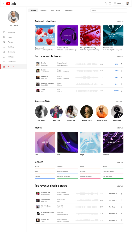 A screenshot of the Creator Music site where creators can search music by genre and artist and by top revenue sharing tracks.