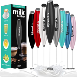 powerlix milk frothers in multiple color varieties with milk at bottom