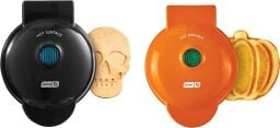 black and orange mini waffle makers with skull and pumpkin shaped waffles