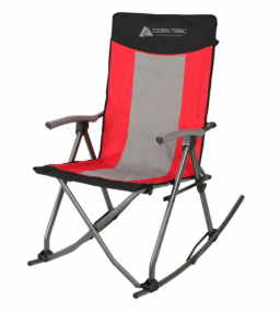 A red rocking camping chair with arm rests
