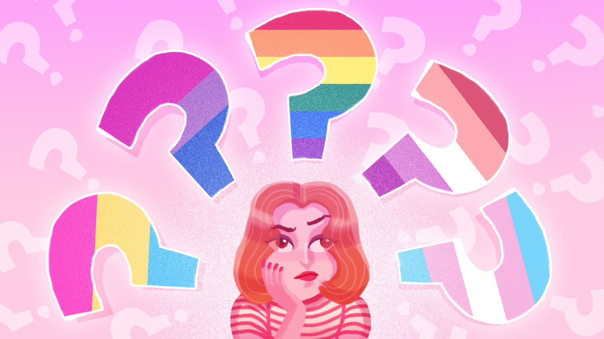 person with hand on face looking up at question marks of various pride flags