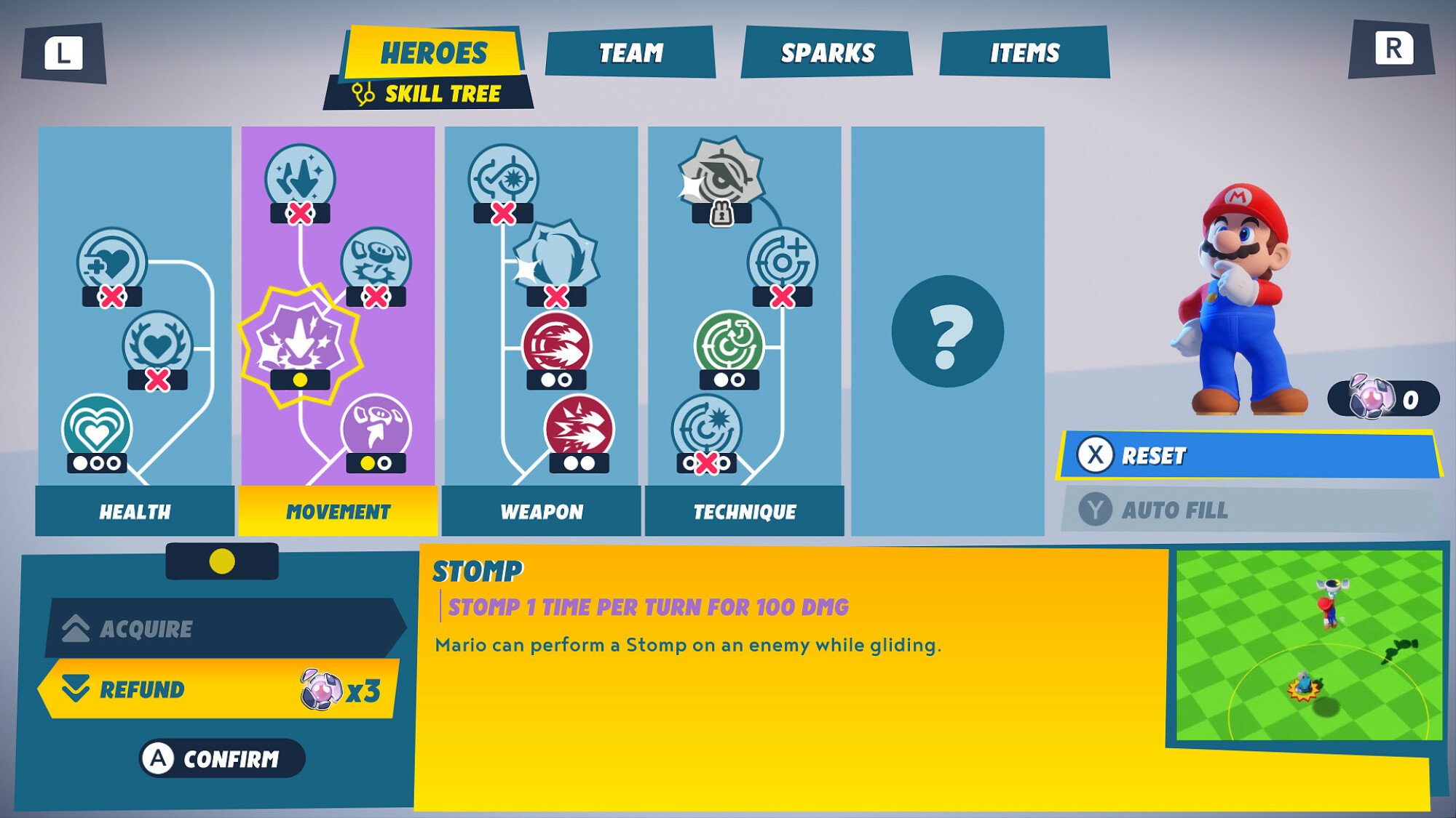 A screenshot of 'Mario + Rabbids: Sparks of Hope' showing Mario's skill tree.