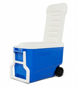 A blue ice chest on wheels with the lid open