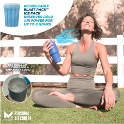 A woman outside in activewear using the cooling fan attachment on her cup