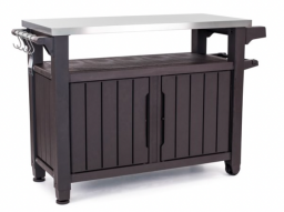 An outdoor table with a cabinet for storage, a kitchen prep top, and accessory hooks on the side.