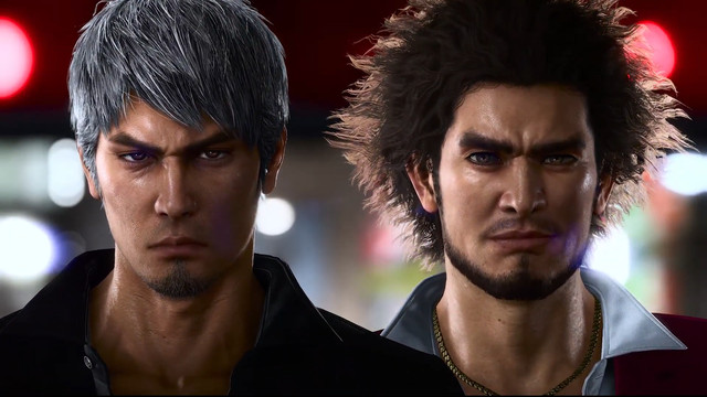 Yakuza game protagonists Kazuma Kiryu and Ichiban Kasuga appear side by side. Kiryu has a new graying hairstyle