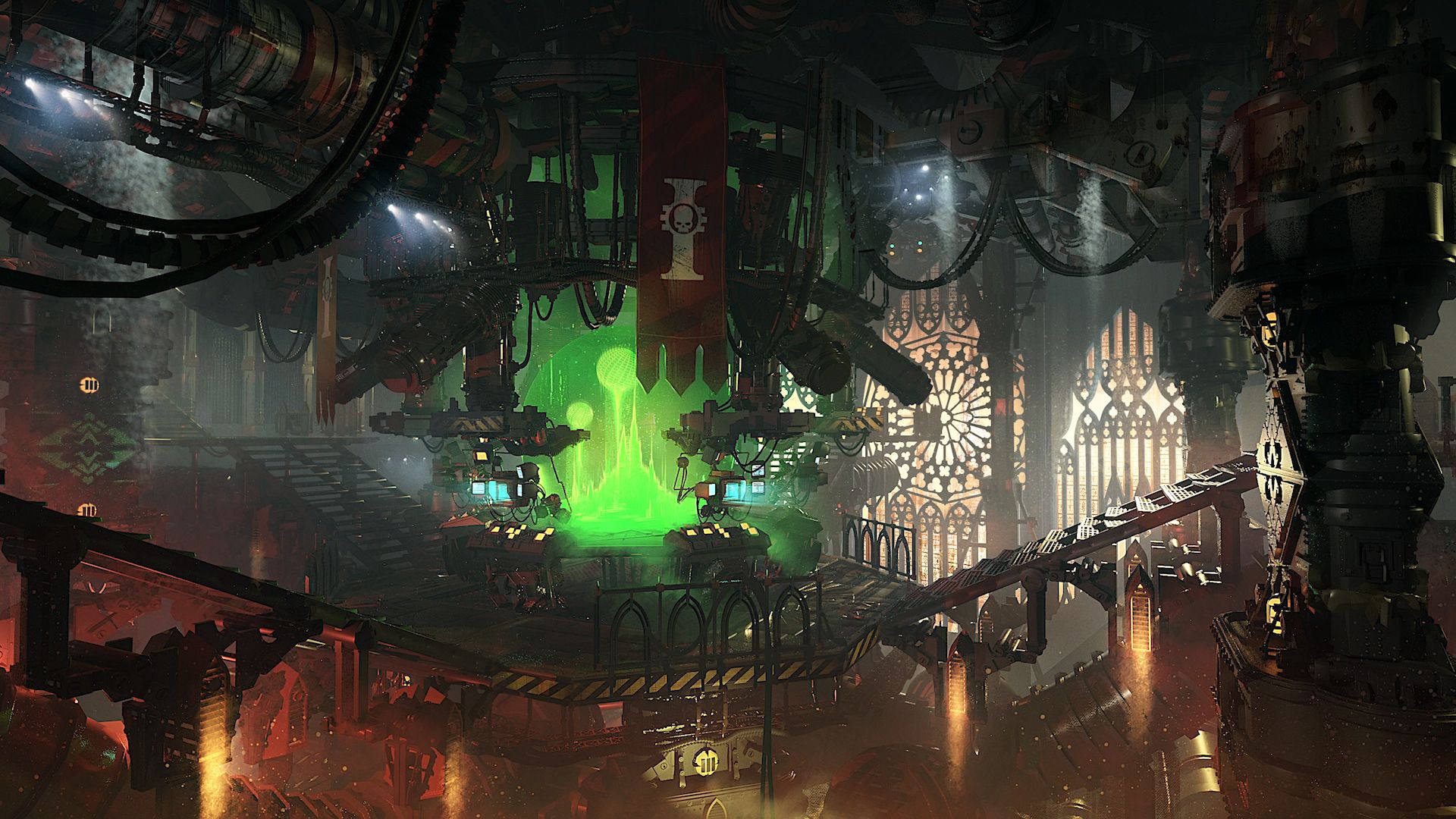 Darktide's hub, with a bank of monitors inside a starship