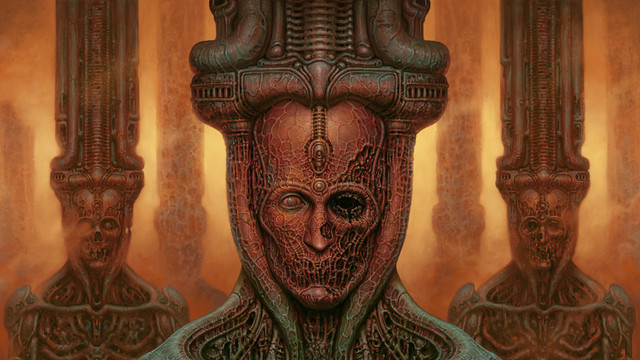 The cover art for Scorn, showing several pillars with faces and tentacles in an H.R. Giger-esque world