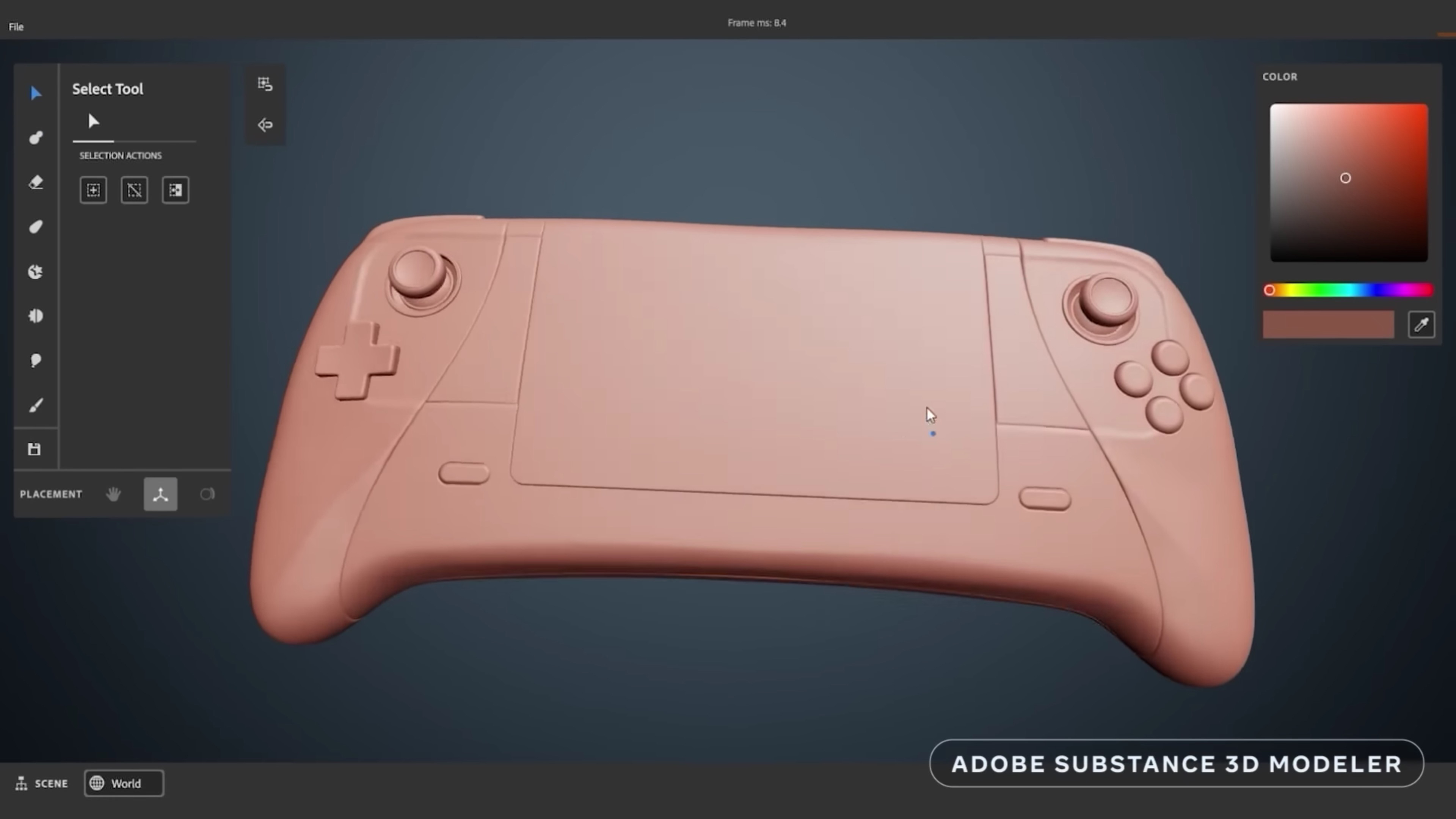 A virtual gamepad in Adobe's 3D modeling software