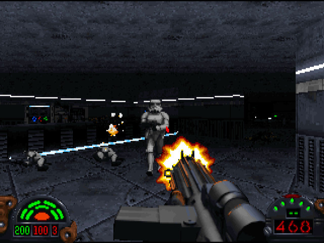 Dark Forces gameplay blaster rifle shooting at storm trooper