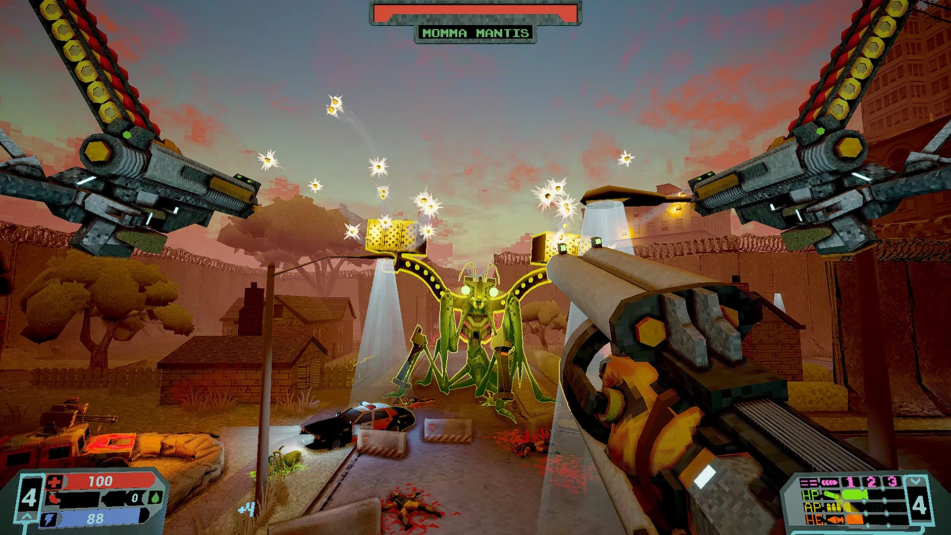 first person view firing quad weapons in a rust colored, cavernous room