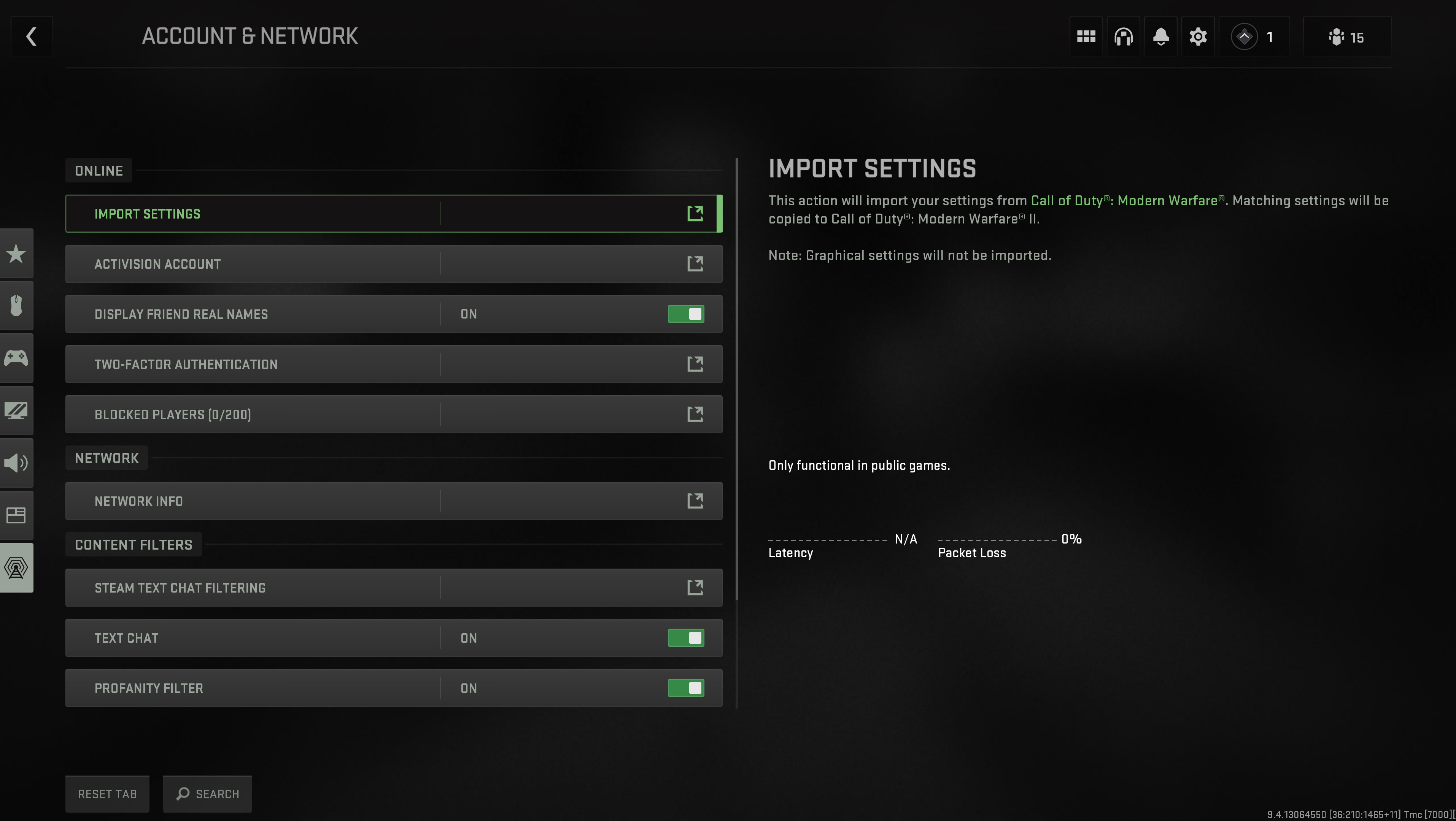 Call of Duty: Modern Warfare 2 network settings menu