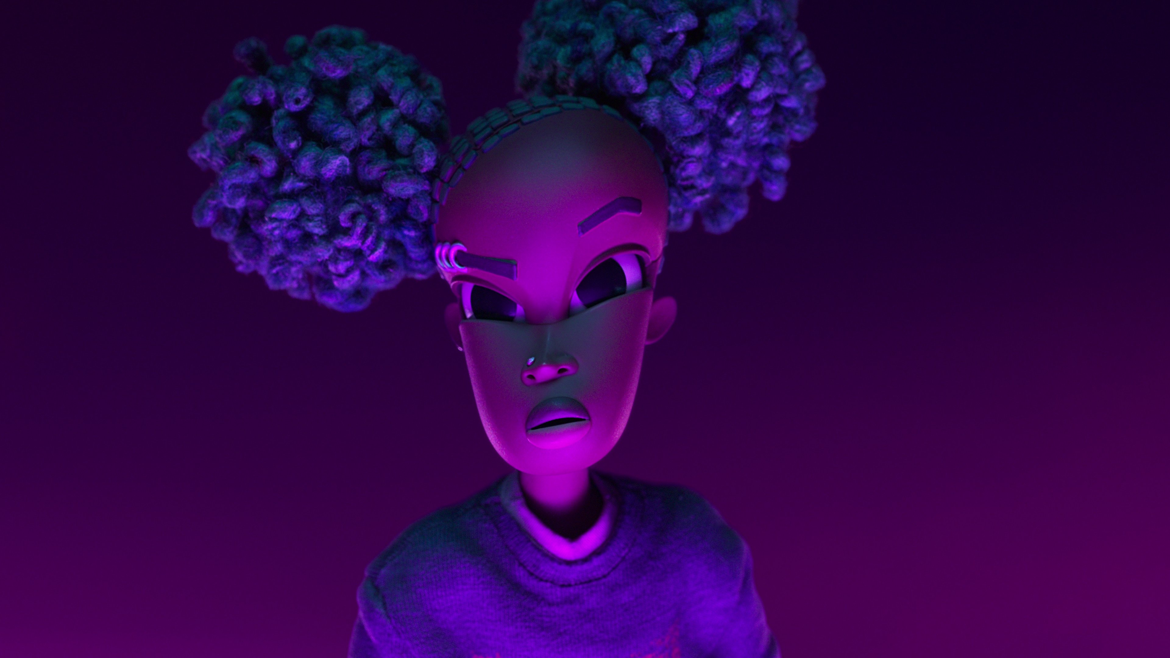A young Black girl in front of a purple background raises an eyebrow.