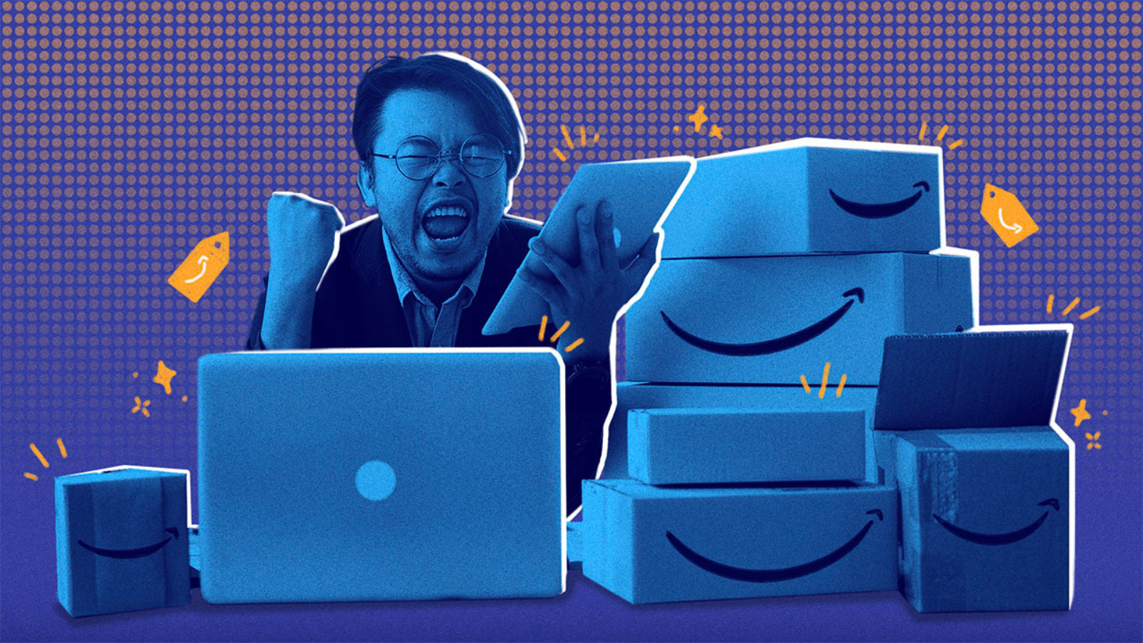 a man in glasses excitedly holding a macbook amid a group of amazon boxes
