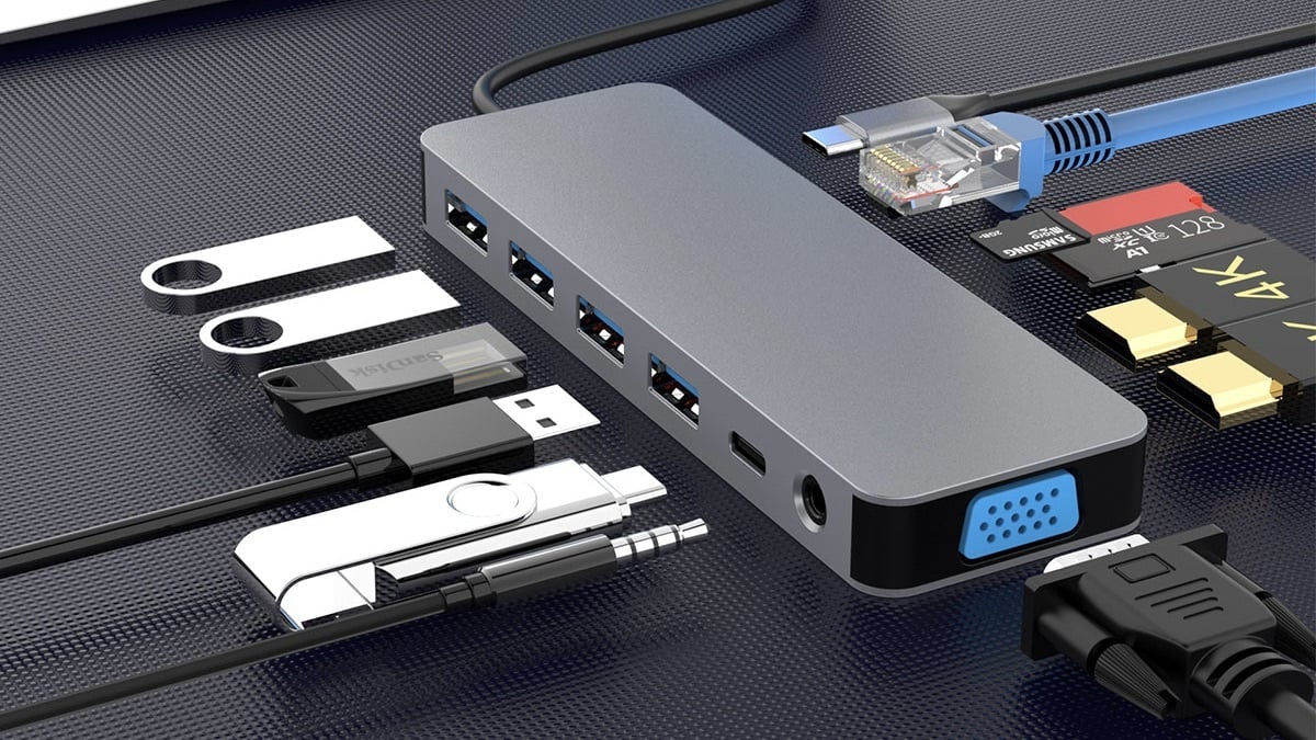 The 13-in-1 Docking Station with Dual HDMI on a dark background.