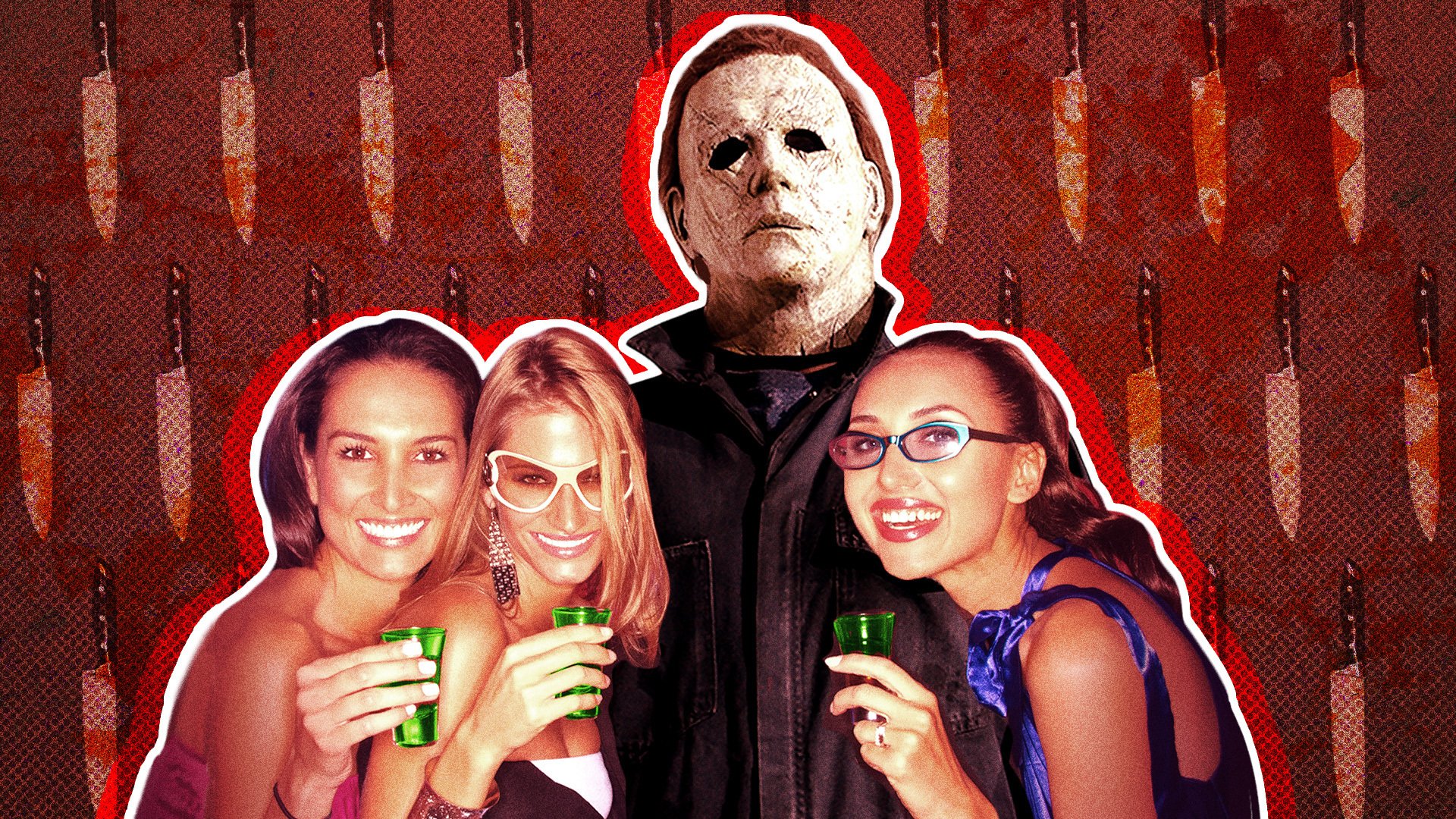 composite of Michael Myers taking jello shots with a group of women