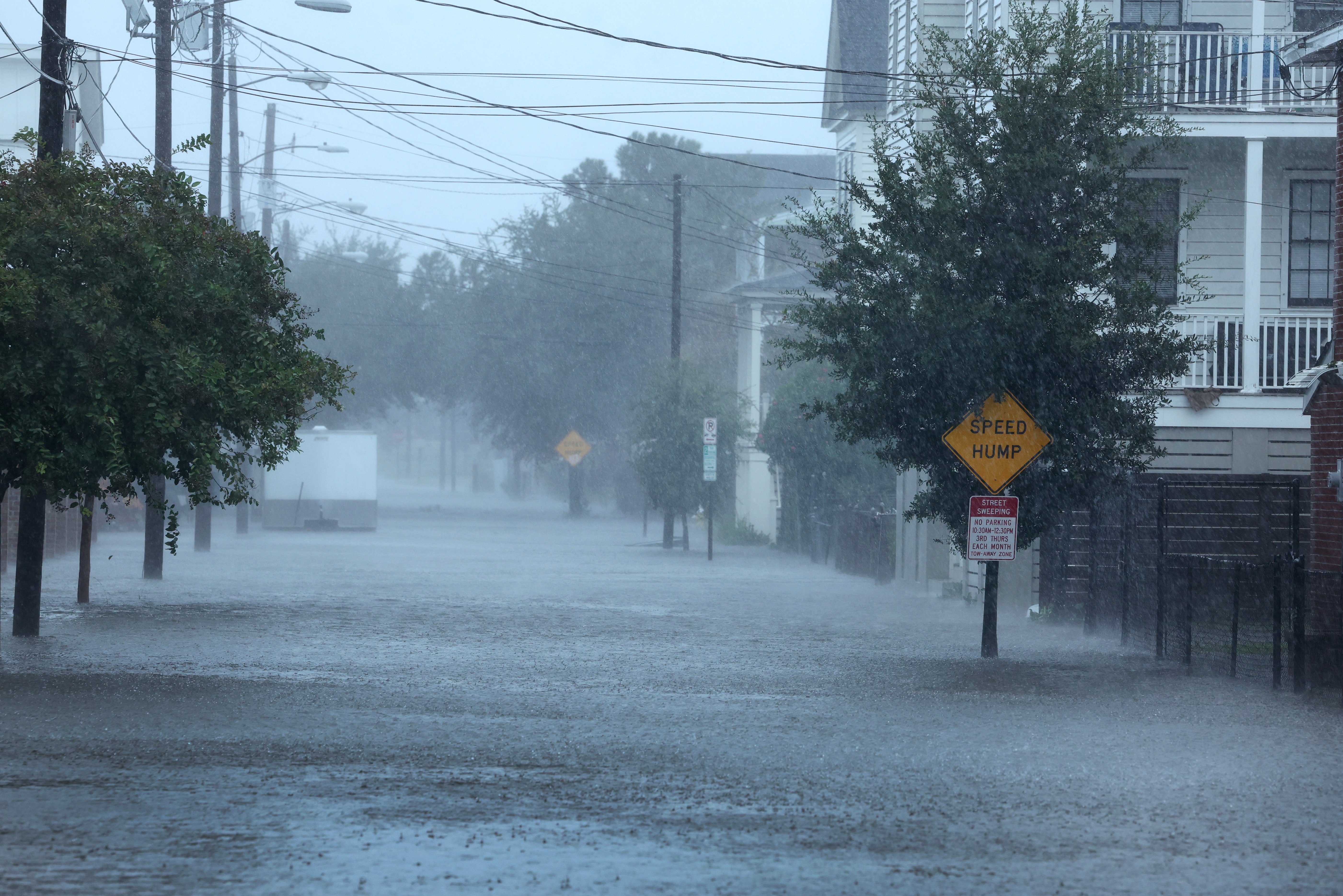 A street in Charleston, South Carolina in pouring rain