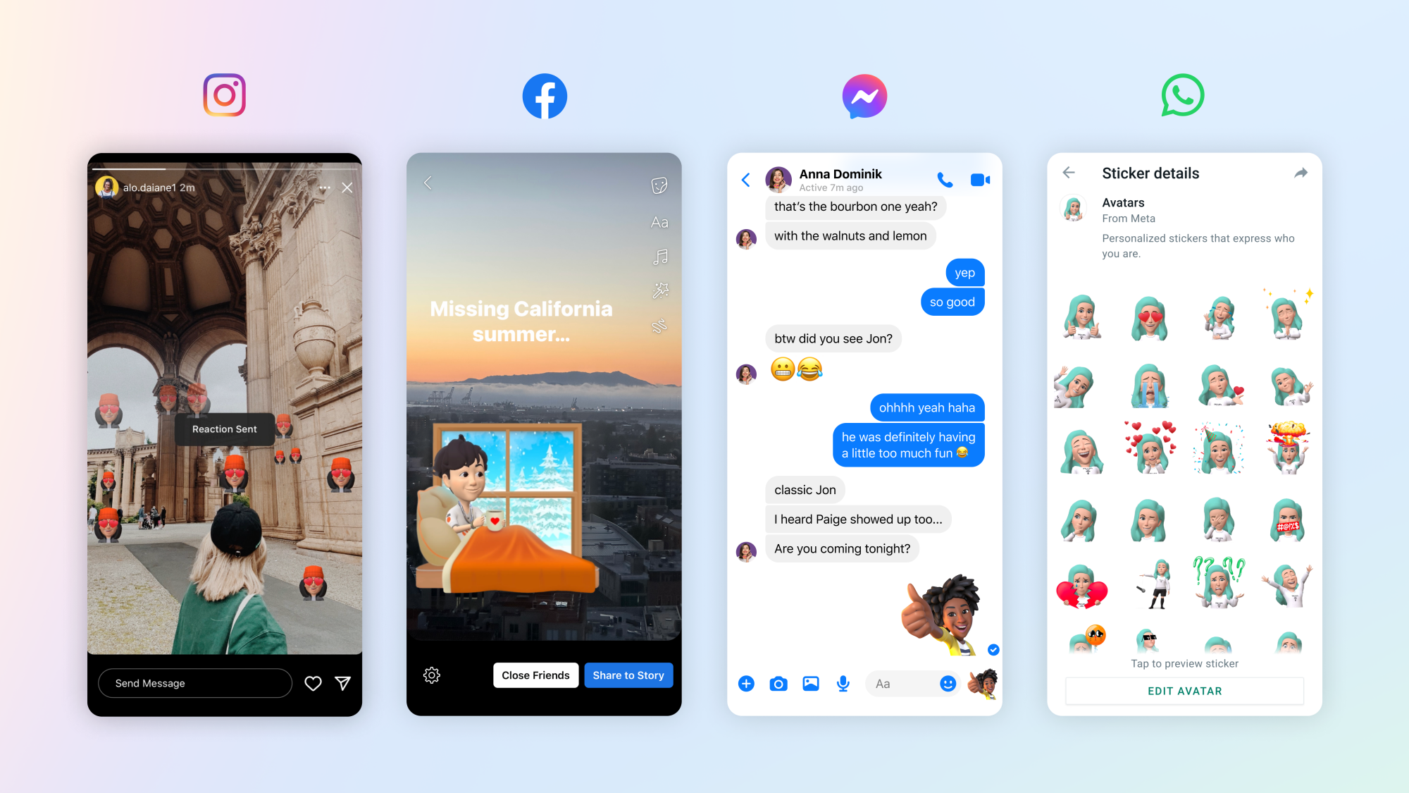 Four screenshots of apps using Meta avatars: Instagram, Facebook, Messenger, and WhatsApp.