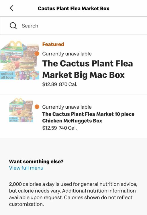 screenshot of mcdonald's app showing adult happy meal is unavailable
