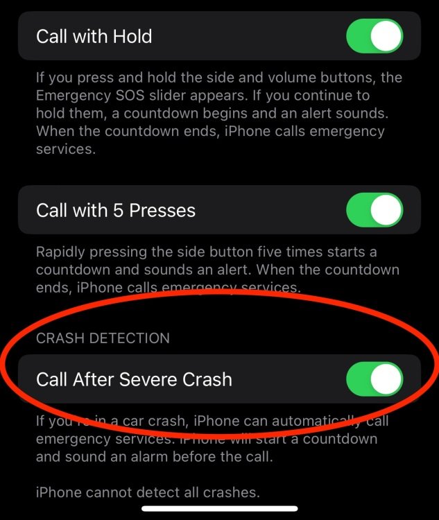 Screenshot of Crash Detection toggle in iPhone 14 Pro settings