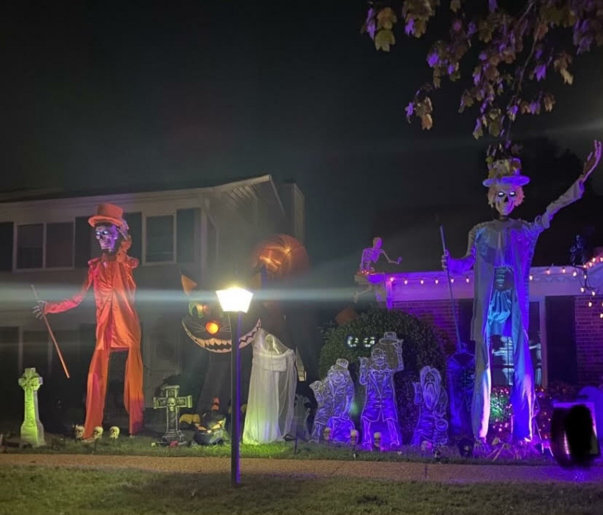 two home depot skeletons dressed in "dumb and dumber" tuxedos in a dark yard