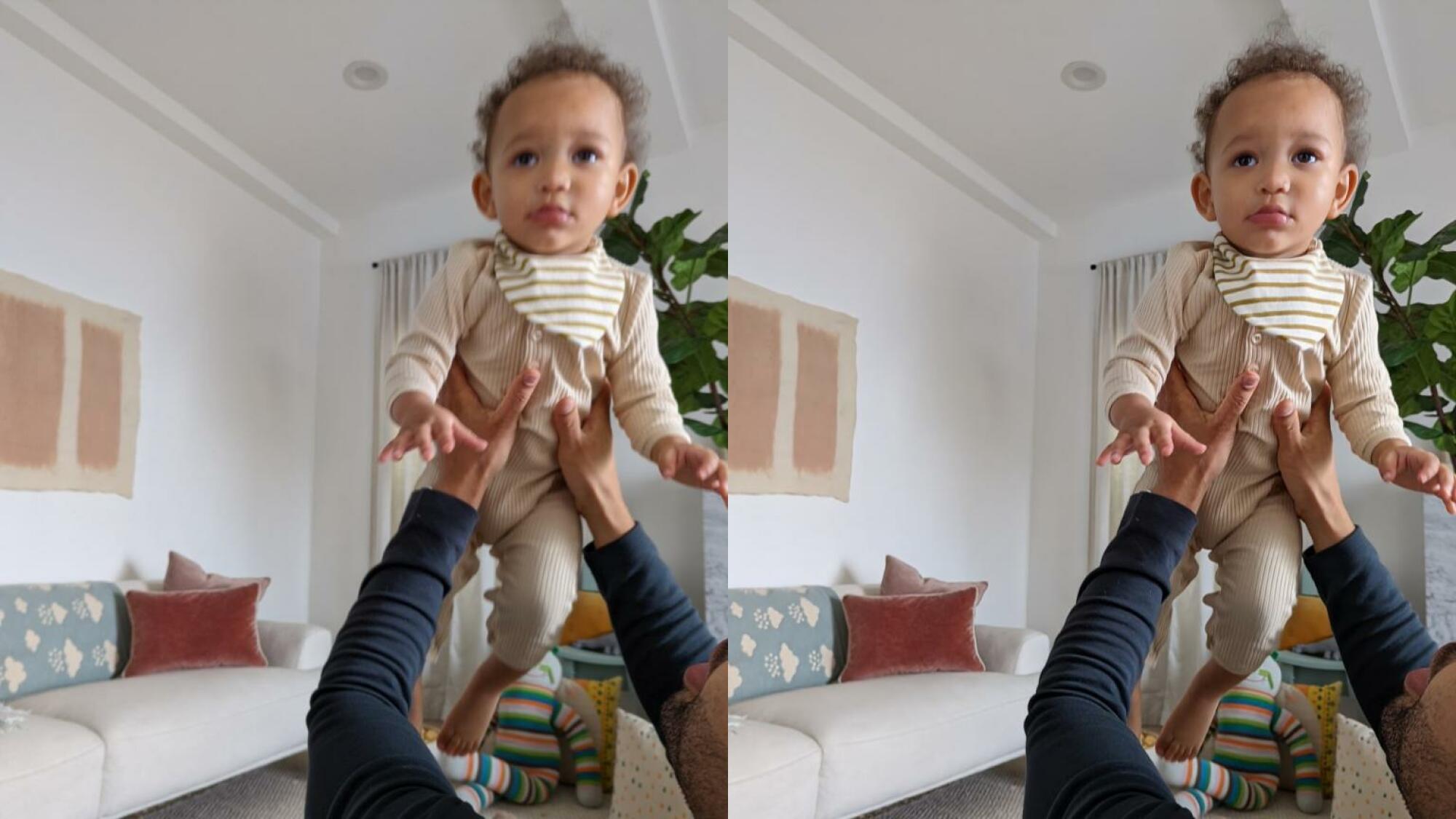 Side by side of the same image of a baby being held up showing the before and after of the Photo Unblur feature