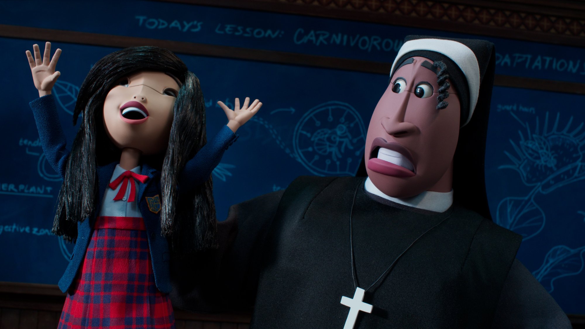 A young girl in a school uniform screams in delight while a nun looks on in horror.