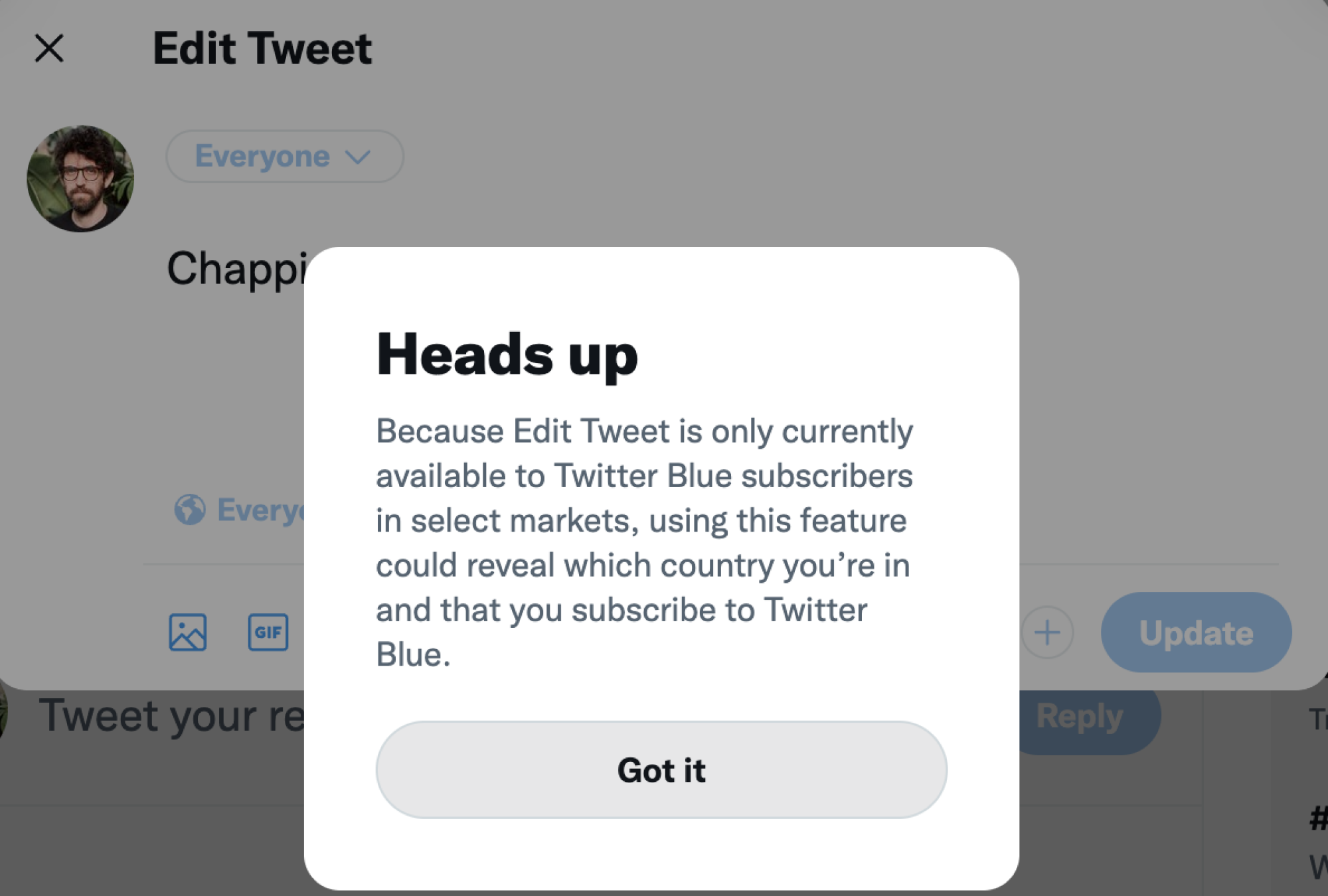 A pop-up from Twitter warning the user that the edit feature "could reveal which country you're in."