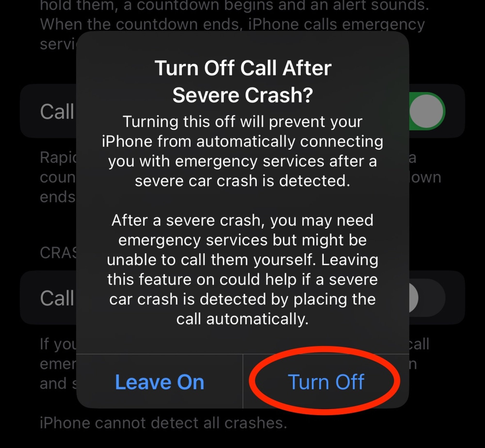 screenshot of warning for turning off crash detection feature