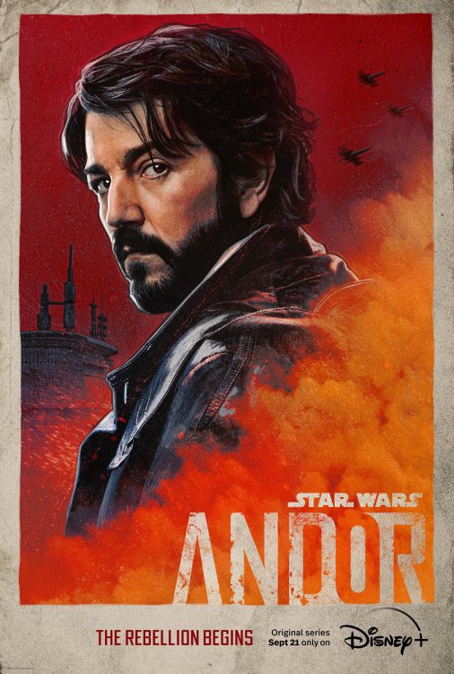 An illustrated Andor poster, depicting a portrait of the main character Cassian on a red background.