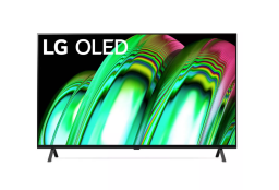 LG OLED TV with green and pink abstract screensaver