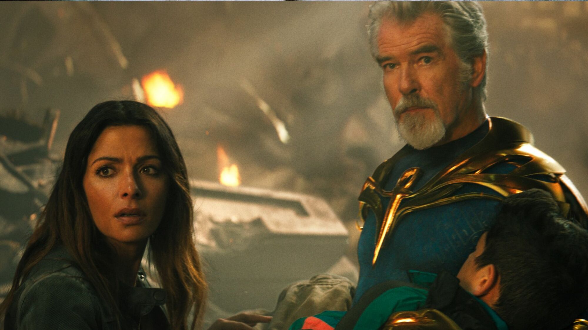 SARAH SHAHI as Adrianna and PIERCE BROSNAN as Dr. Fate in New Line Cinema’s action adventure “BLACK ADAM,” a Warner Bros. Pictures release.