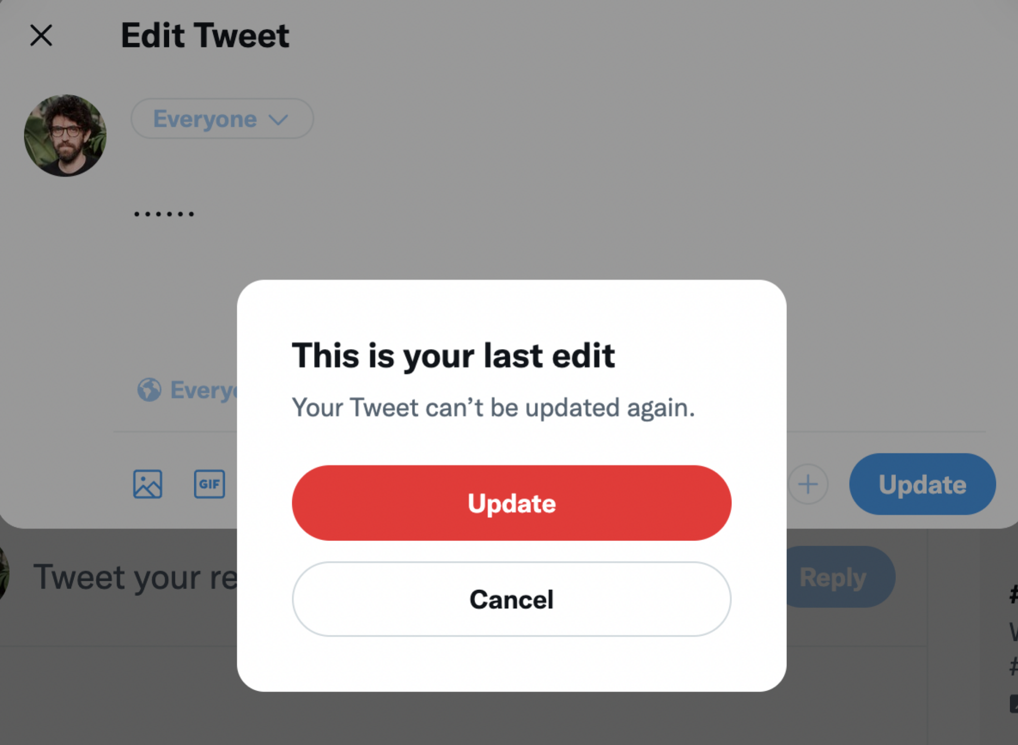 A warning from Twitter, saying the user is on their last edit.