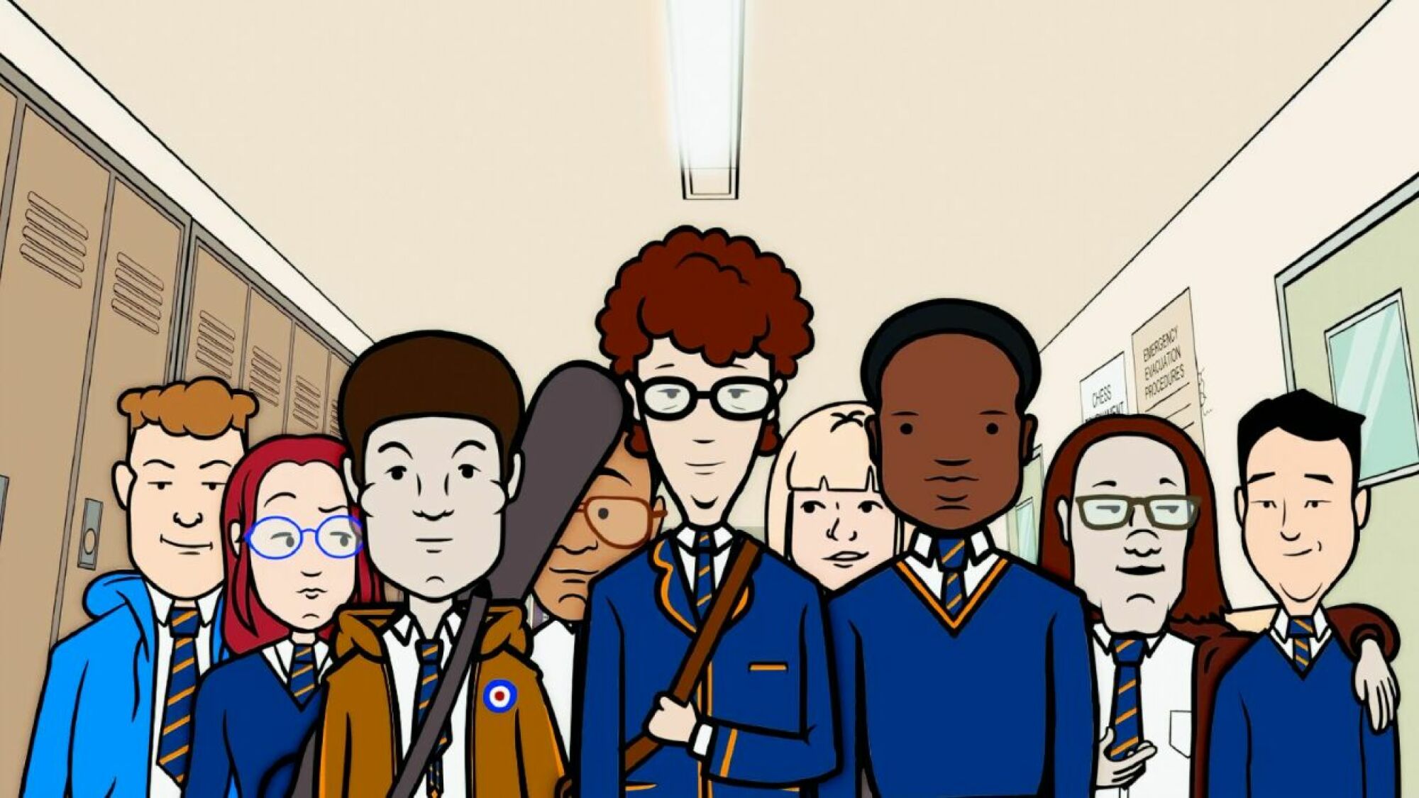 An animated still from "My Old School" featuring a group of students. 
