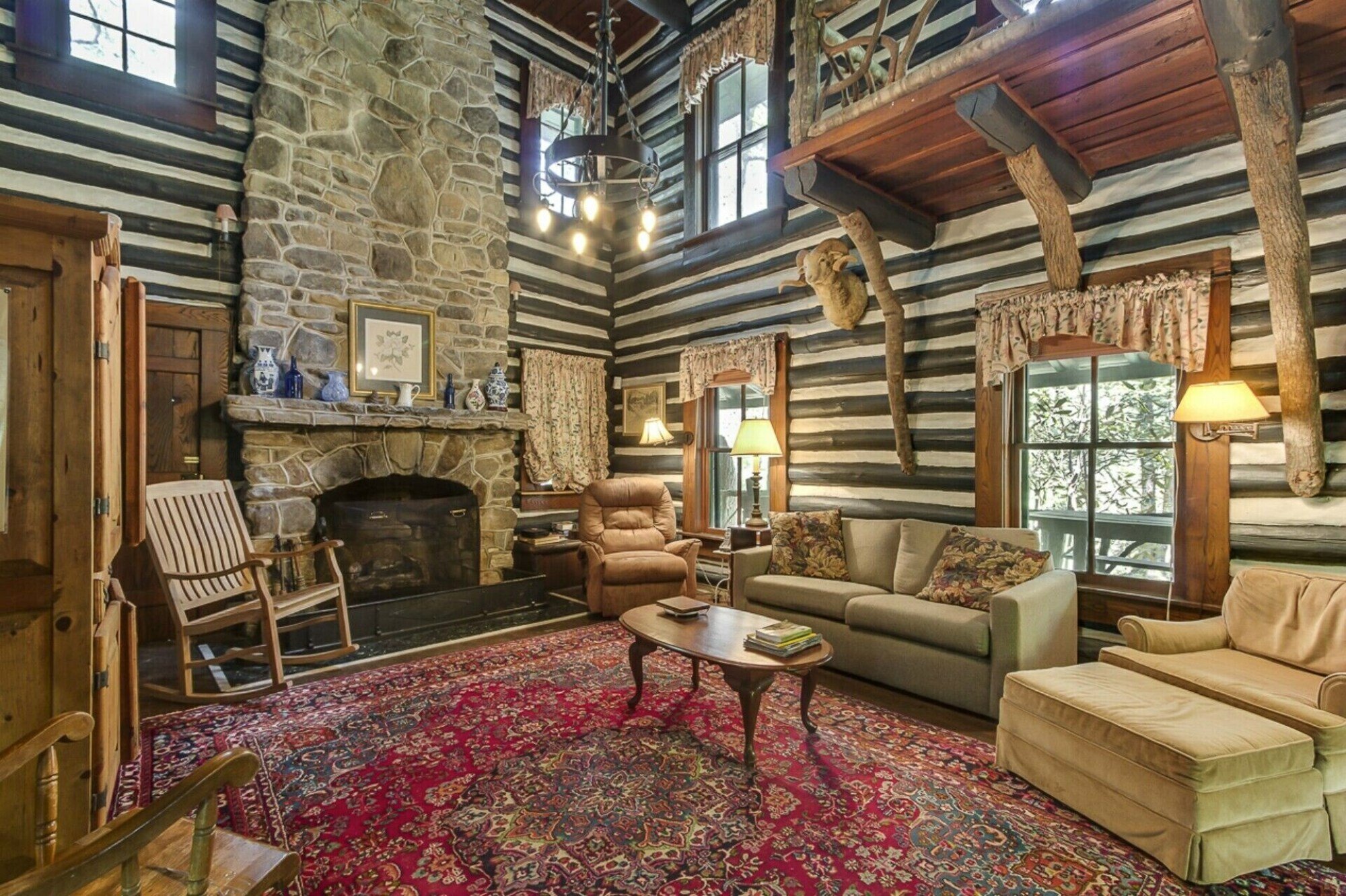 Interior of the living room of a log cabin