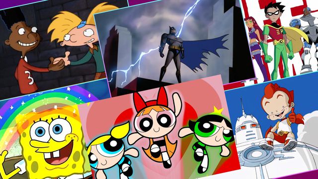 A collage of six highly popular animated TV shows, including Hey Arnold, Batman: TAS, Spongebob Squarepants, The Powerpuff Girls, Big Guy and Rusty the Boy Robot, and Teen Titans.