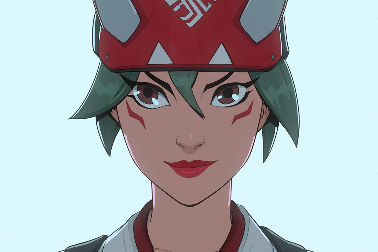 Graphic from Overwatch 2 of Kiriko, a Japanese shrine maiden wearing red and white fox ears with red paint slashed under her eyes and red lipstick
