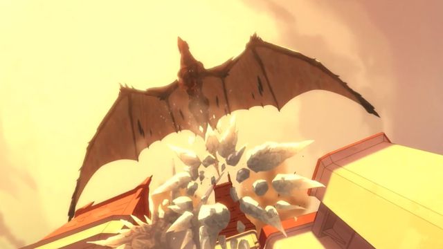 A dragon swoops over a castle and sends ice spears falling from the sky in Legend of Vox Machina