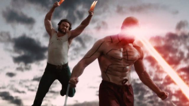 Wolverine, his claws glowing hot, leaps on Deadpool from behind. Deadpool is firing his inexplicable laser vision, in X-Men Origins: Wolverine. 