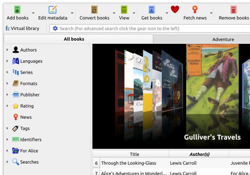Calibre is an e-book manager for organizing your virtual library