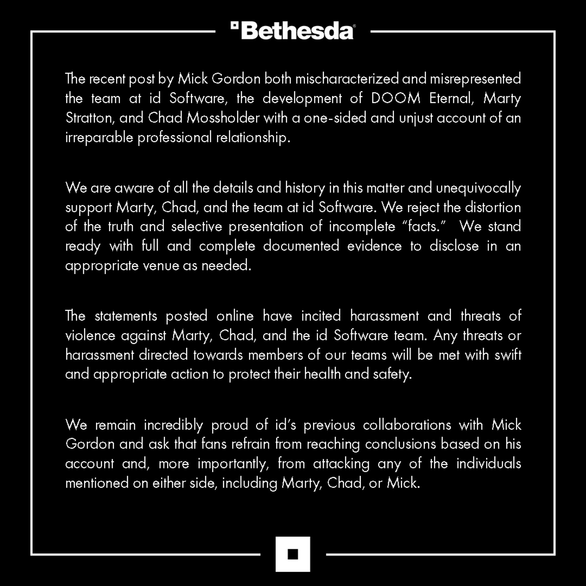 Bethesda rejects Mick Gordon allegations as ‘distortion of the truth’