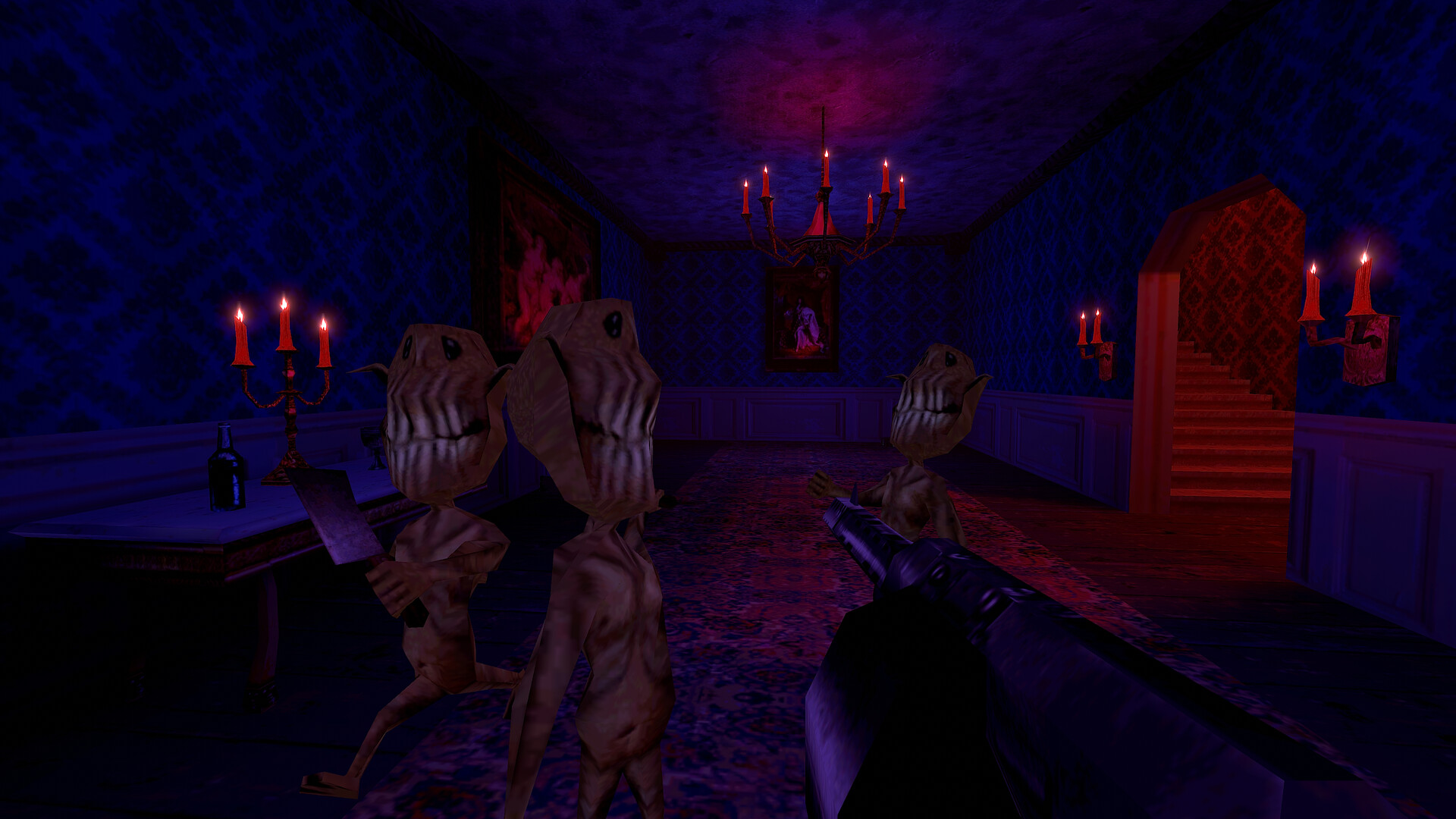 player facing a group of goblins in a darkened, purple interior