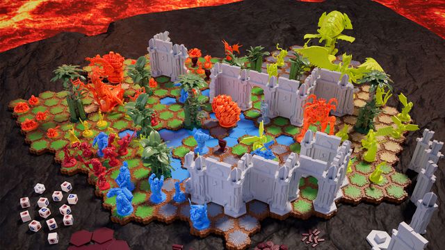 The components for Heroscape: Age of Annihilation on a table. They include 3D plastic terrain and unpainted miniatures, among other game components.