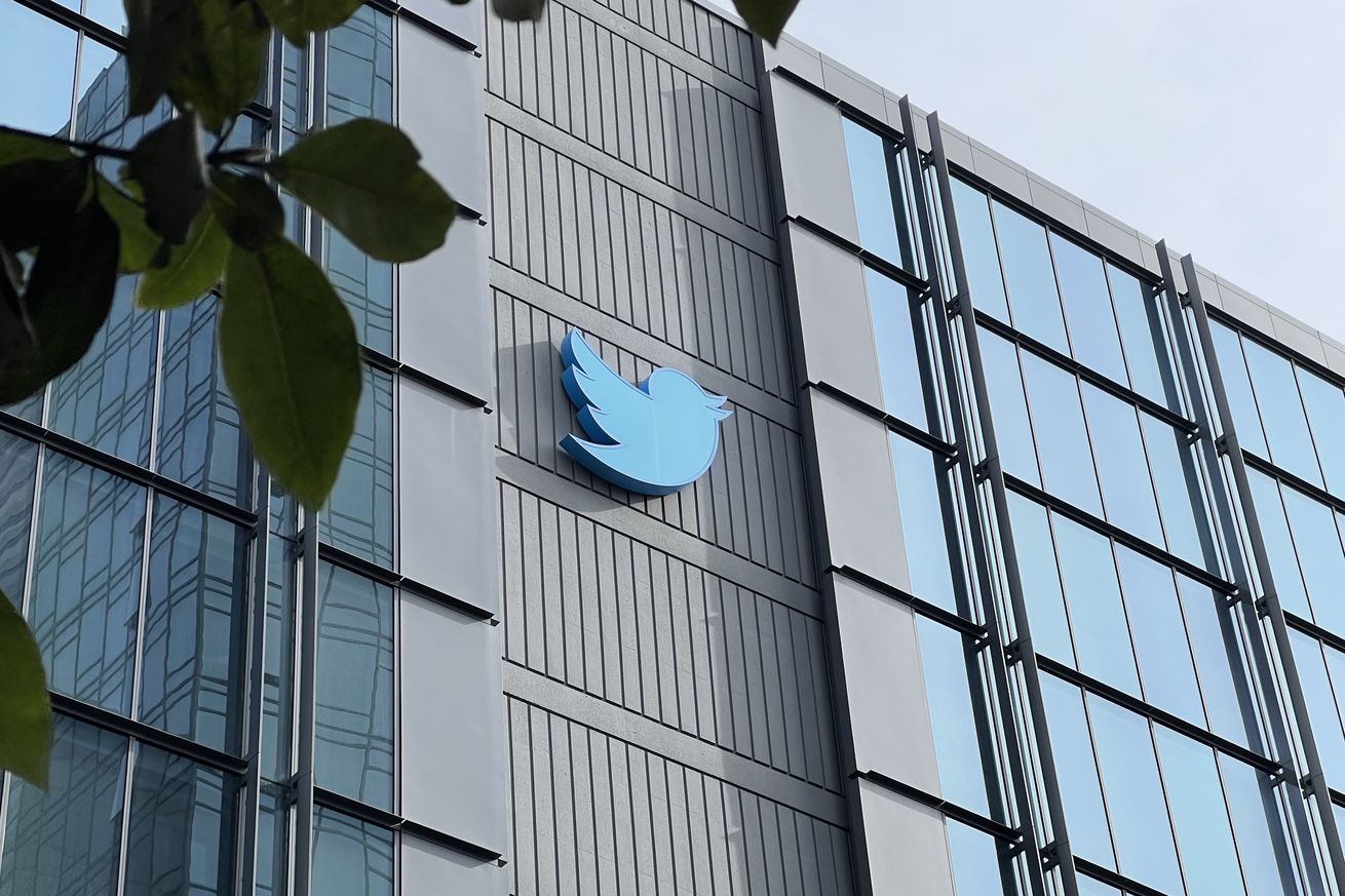 The Twitter logo on the company’s SF headquarters.